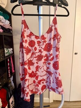 CAbi Pink Tank Top with Red Floral Print